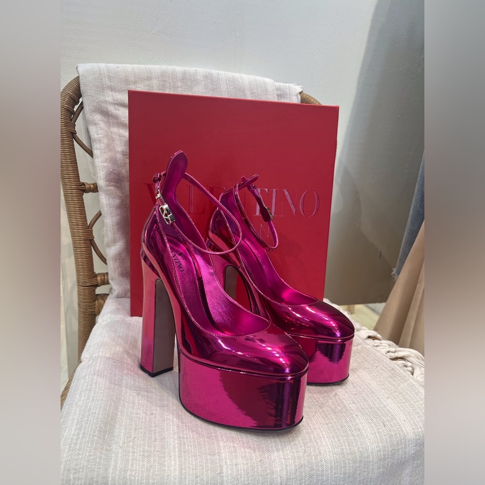 Valentino Metallic Hot Pink Platform Pumps with Ankle Strap 37.5